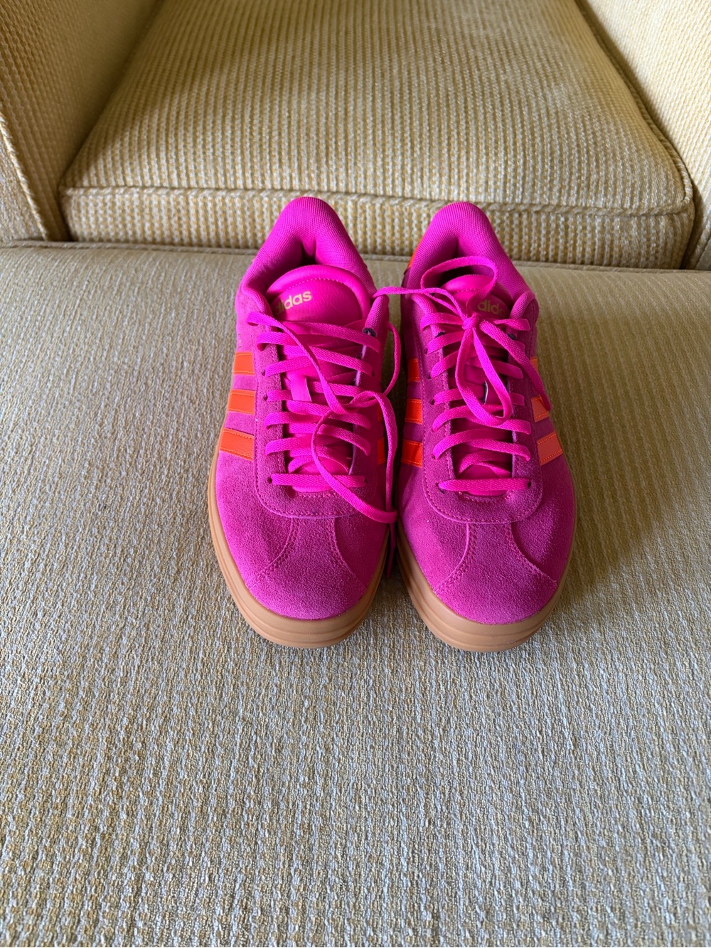 adidas Women's Bright Pink Suede Sneakers with Orange Stripes